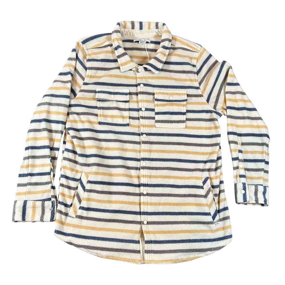 ONeill Womens Striped Fleece Shacket Cream Blue XL Button Front Jacket Surf